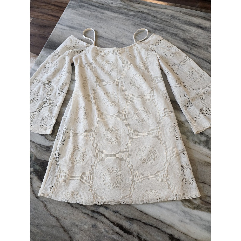Western Y2K Cream Crochet Medallion Lace Cold Shoulder Bell Sleeve Dress XS
